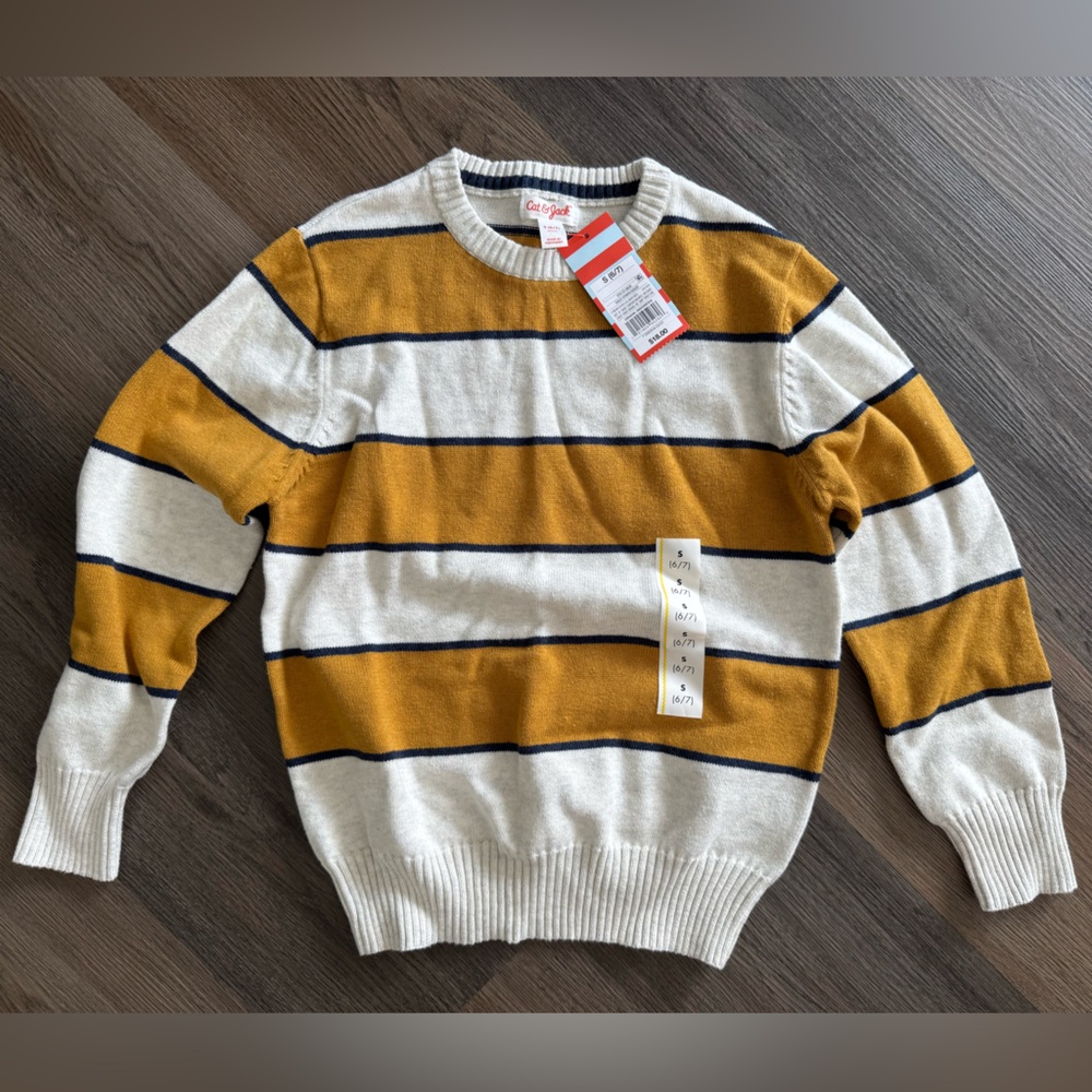 Boys NWT Cat & Jack Mustard and White Striped Sweater Size S 6/7